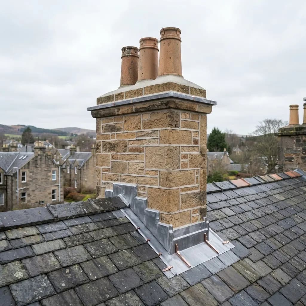 A repointed chimney stack with fresh lead flashing